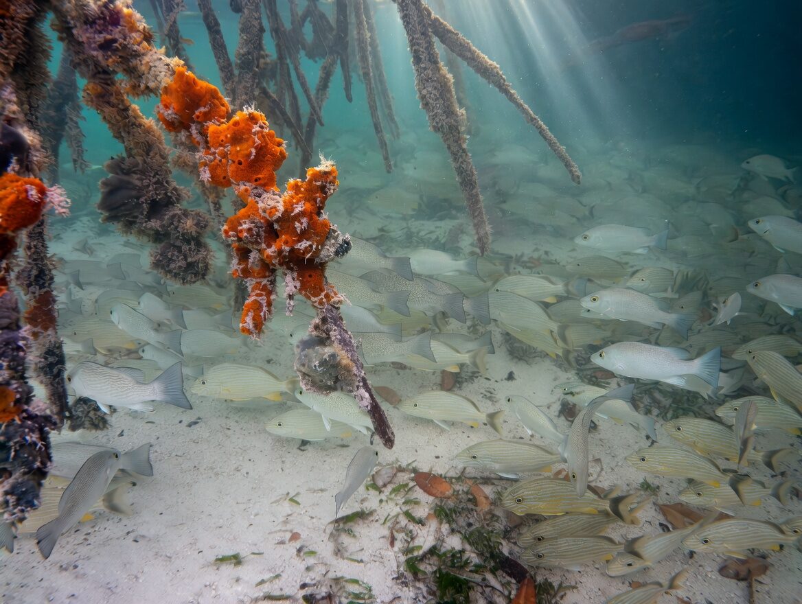A dense school of juvenile fish sheltering among sunlit mangrove roots underwater, with orange sponges growing on the roots.